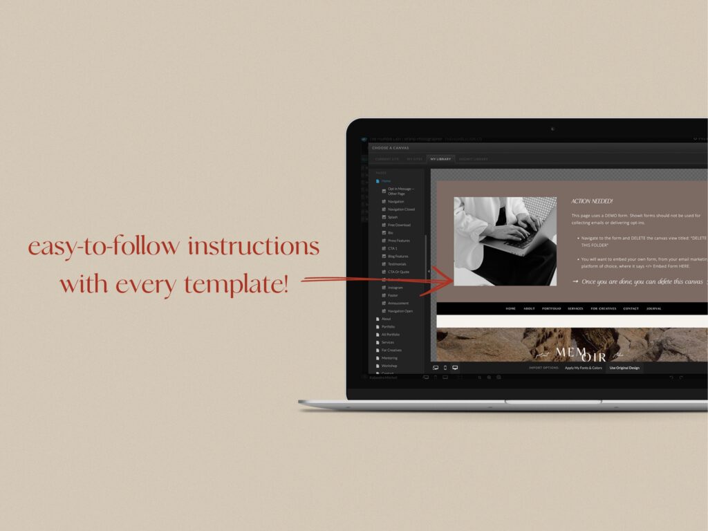 A laptop featuring instructions on how to use Nortfolk website templates which are optimal for photographers.